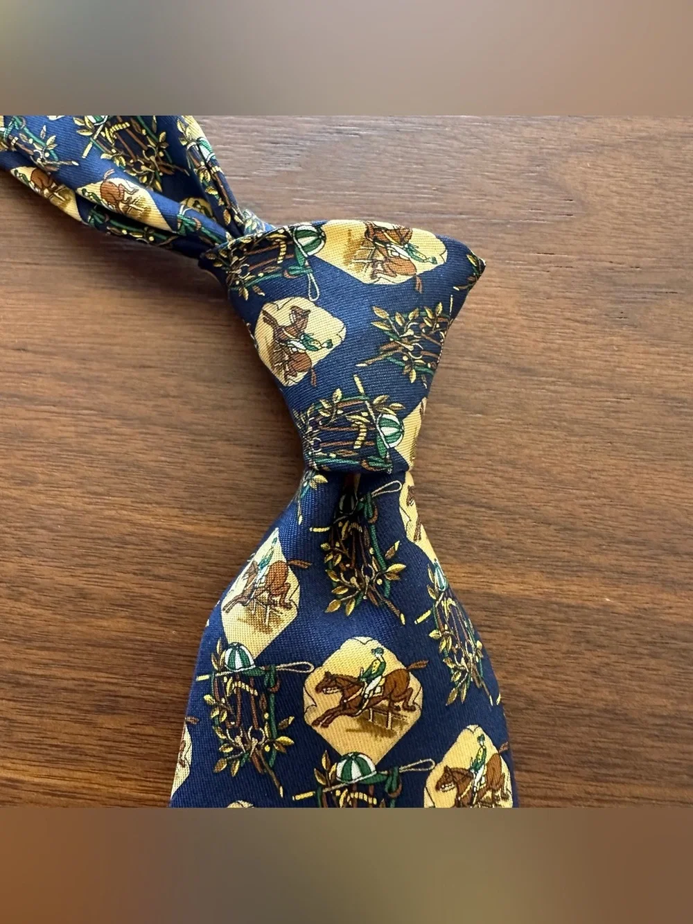 Salvatore Ferragamo Navy, Yellow & Brown Equestrian Silk Tie